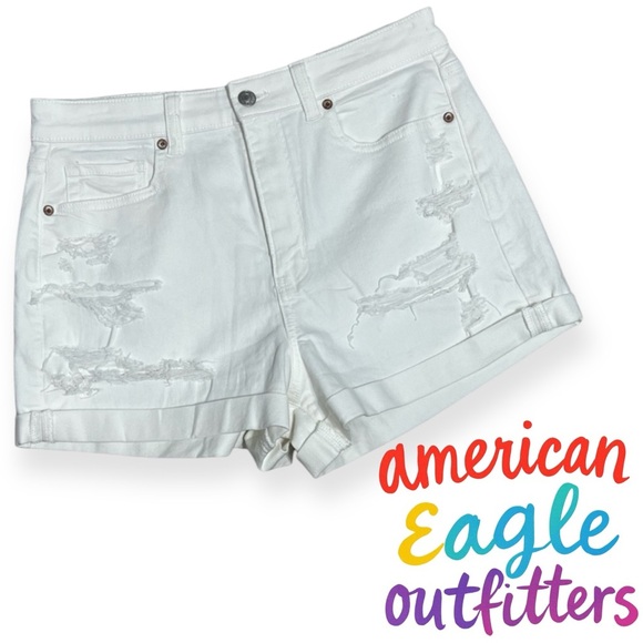 AE Stretch White Denim Mom Shorts ripped distressed cuffed jean shorts size 10 - Picture 1 of 7